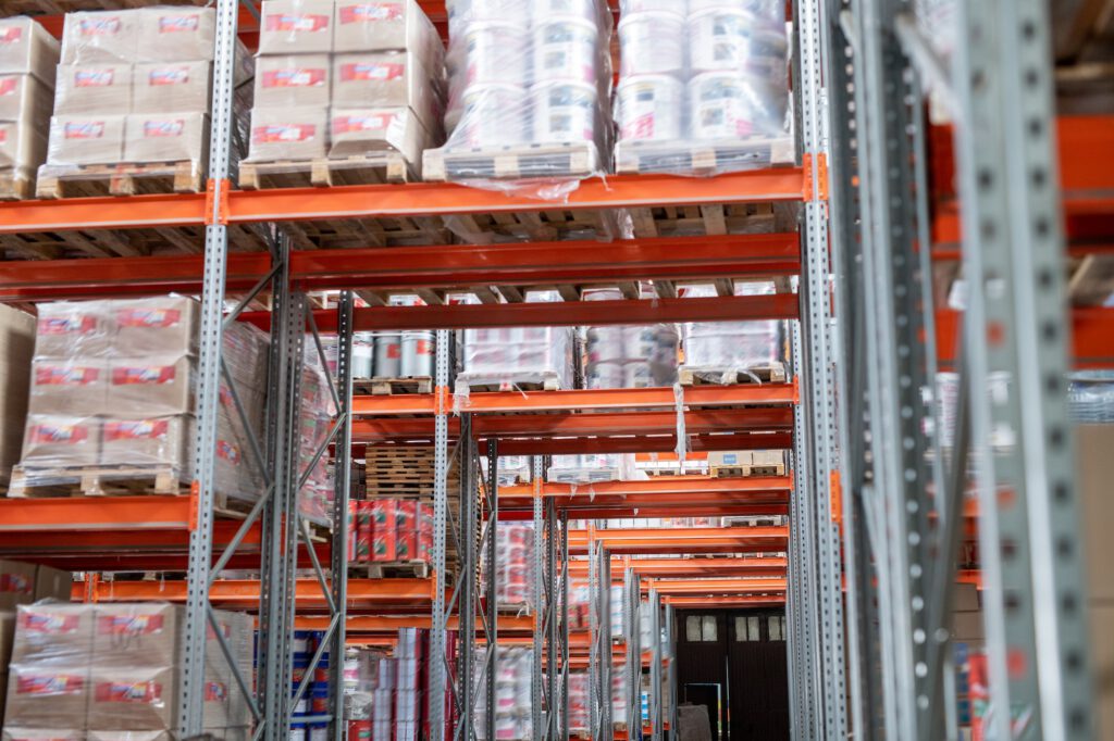 Racks with packed goods in warehouse